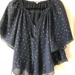 Anthropologie Navy Gold Flutter sleeve top